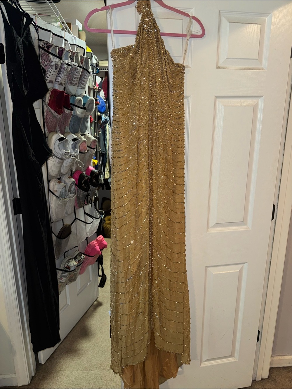 Tiffany Designs Gold Beaded Halter Prom Dress